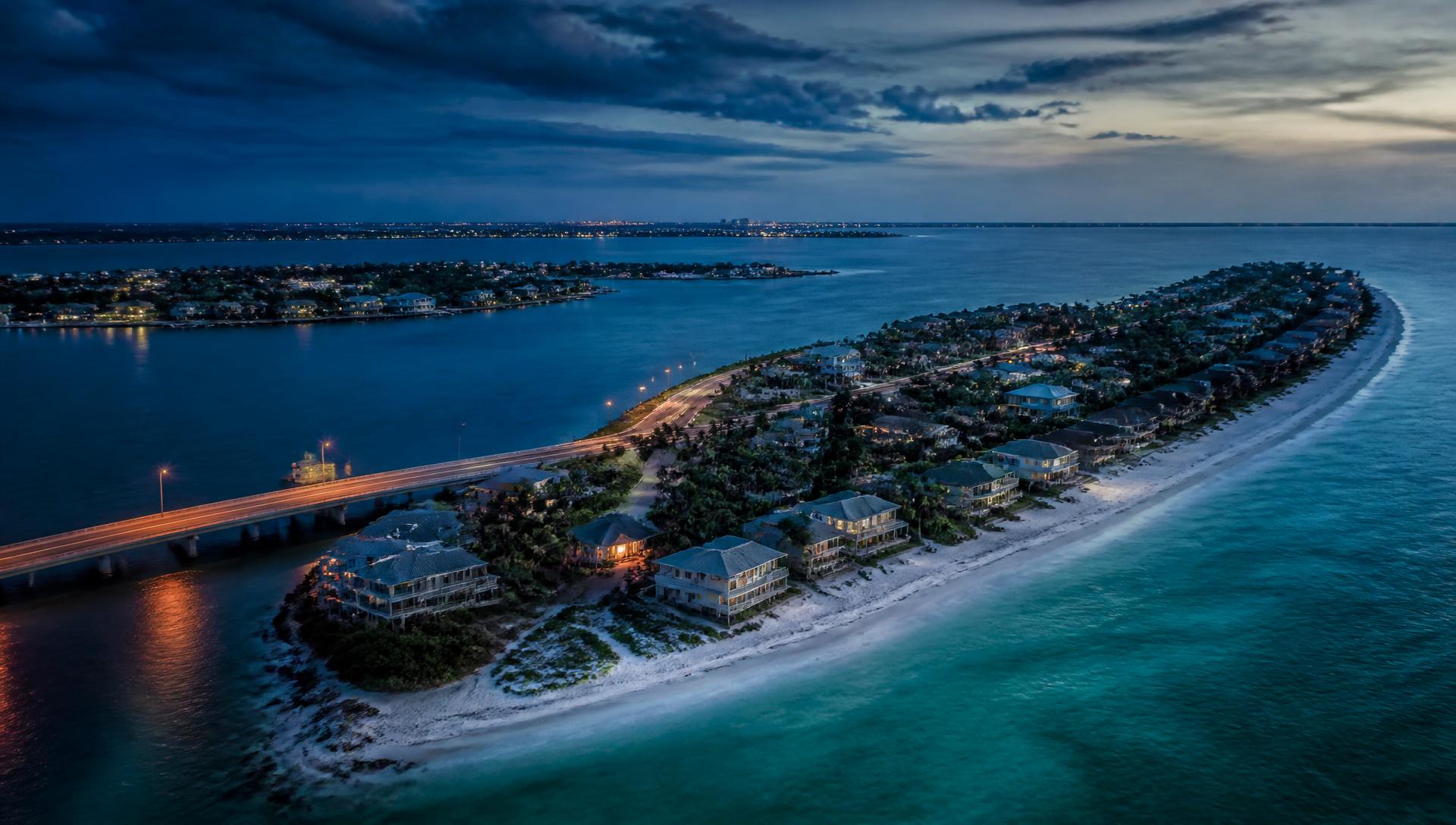 Aerial view of the St. Pete Beach barrier island at dusk
